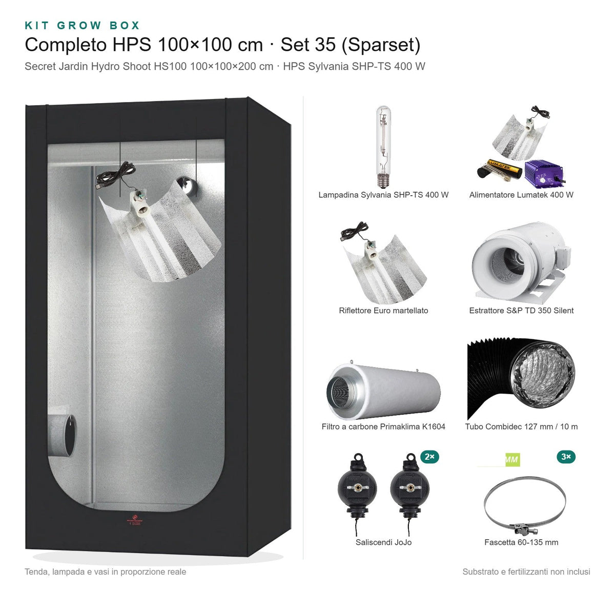 Kit Grow Box completo HPS 100×100 cm – Set 35 (Sparset) - Gro.w.LaB