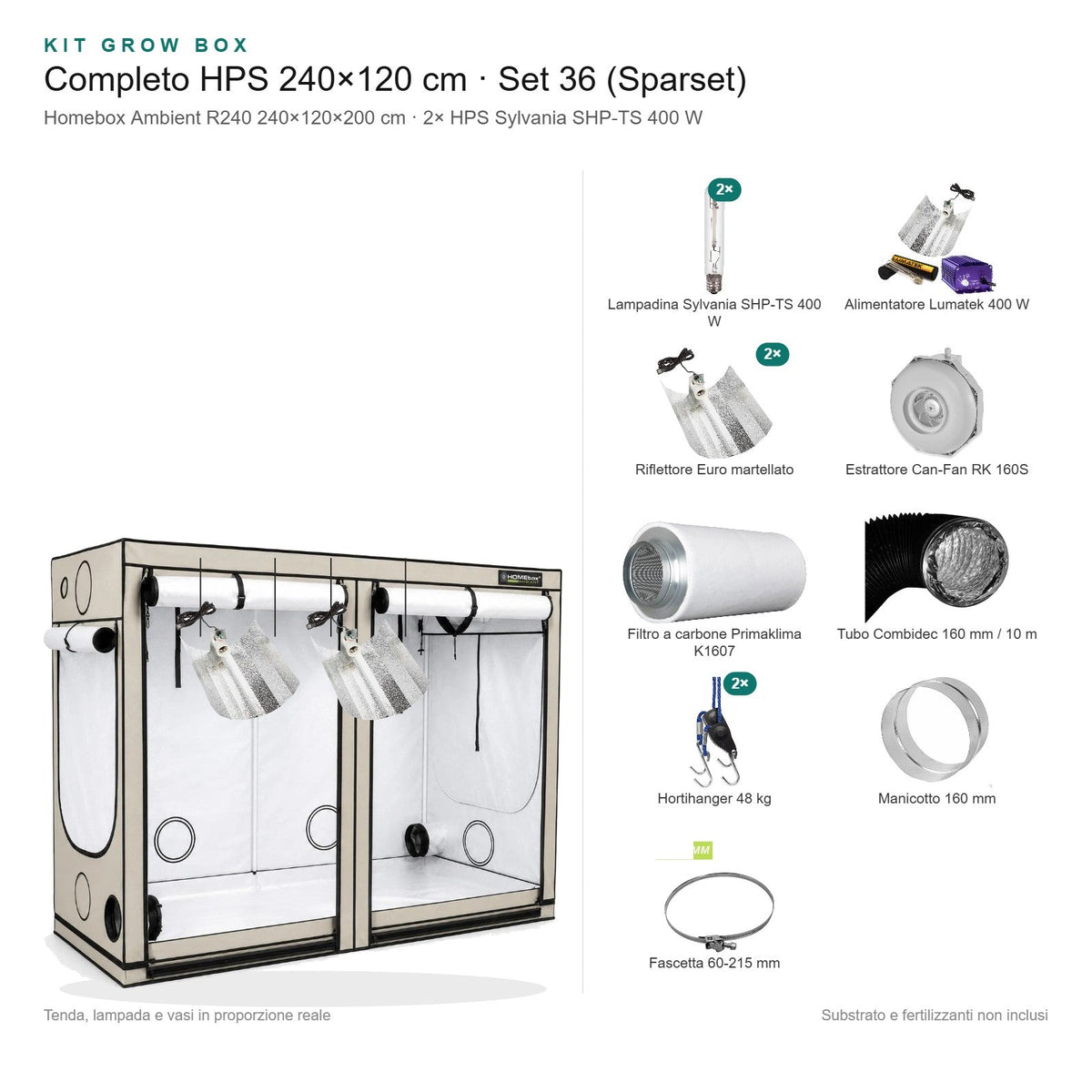 Kit Grow Box completo HPS 240×120 cm – Set 36 (Sparset) - Gro.w.LaB