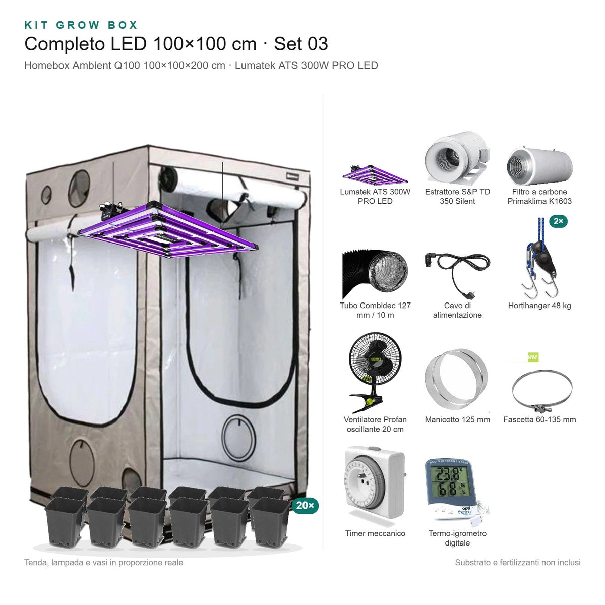Kit Grow Box completo LED 100×100 cm – Set 03 - Gro.w.LaB