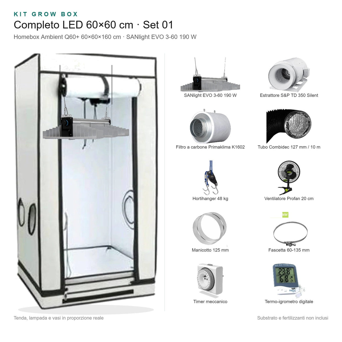 Kit Grow Box completo LED 60×60 cm – Set 01 - Gro.w.LaB