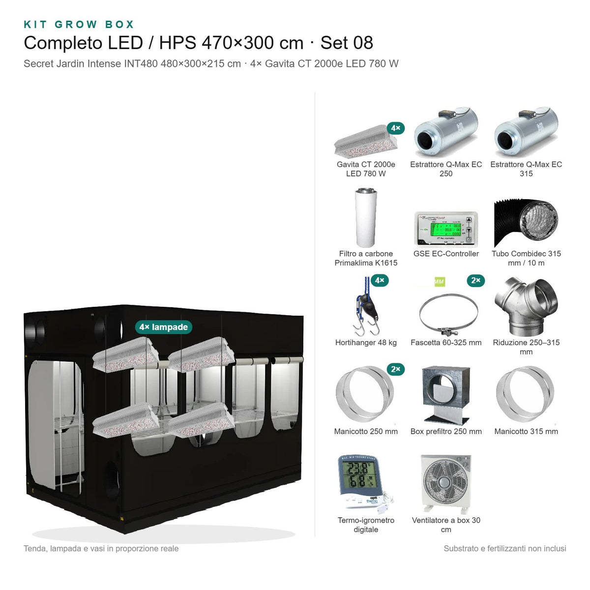 Kit Grow Box completo LED / HPS 470×300 cm – Set 08 - Gro.w.LaB