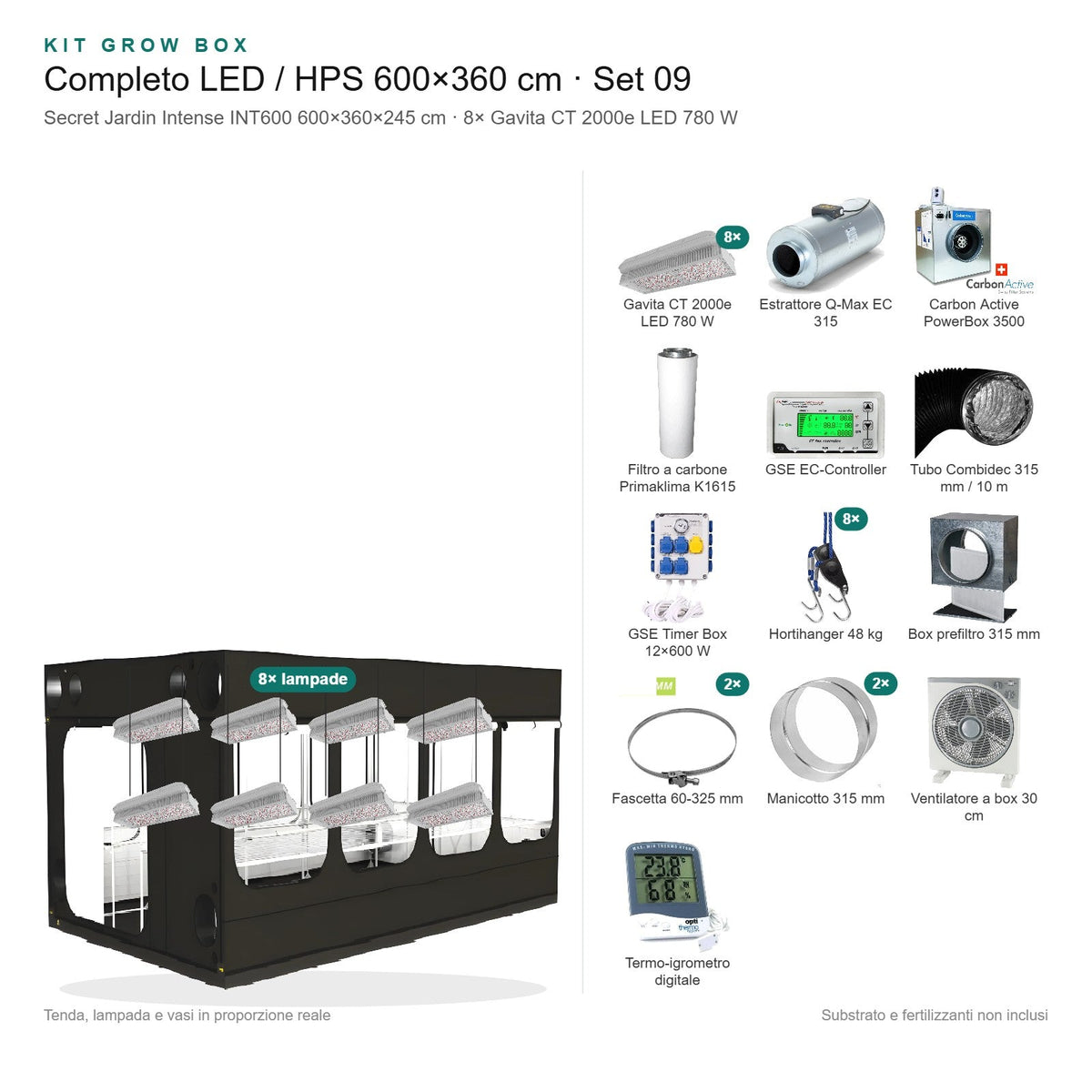 Kit Grow Box completo LED / HPS 600×360 cm – Set 09 - Gro.w.LaB