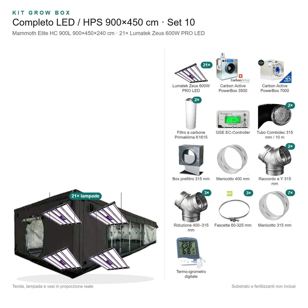 Kit Grow Box completo LED / HPS 900×450 cm – Set 10 - Gro.w.LaB